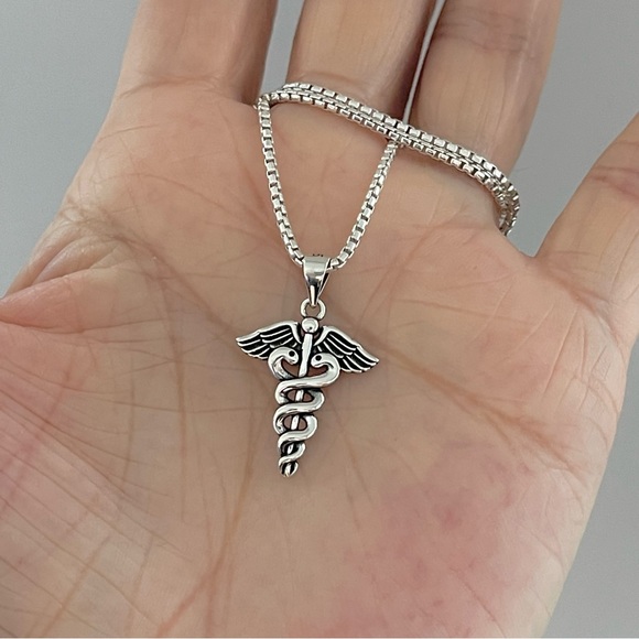 Sterling Silver Caduceus Necklace, Doctor/Nurse Jewelry, Snake Chain, EMT Chains - Picture 9 of 12